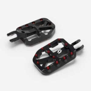 Full-E Charged Black Foot Pegs with 7075 Red Anodized Pins for Talaria electric dirt bikes — view 1