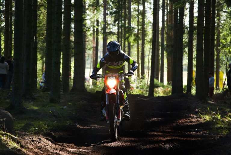 Motorcyclist racing through a shadowy forest trail