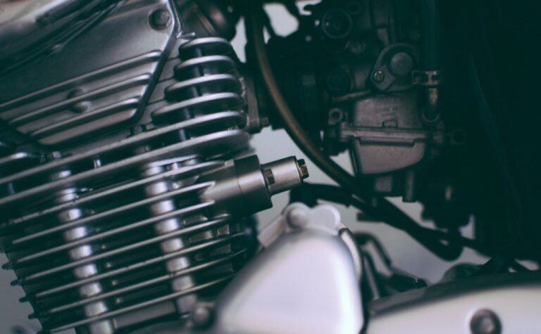Close-up of motorcycle drivetrain components
